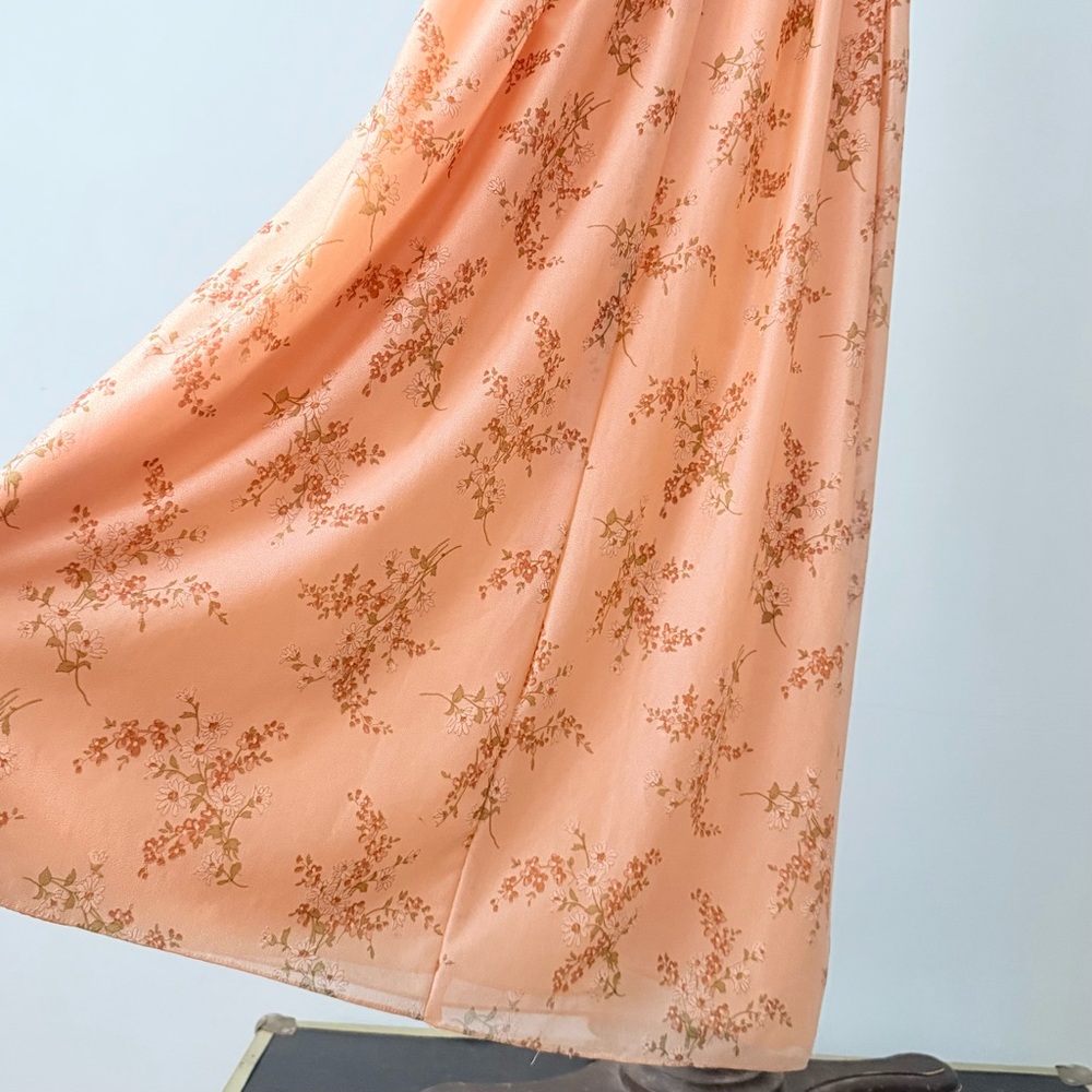 🌼Vintage 70s Peach Floral Maxi Dress w/ Belt Romantic Prairie Boho Goddess - Picture 6 of 8